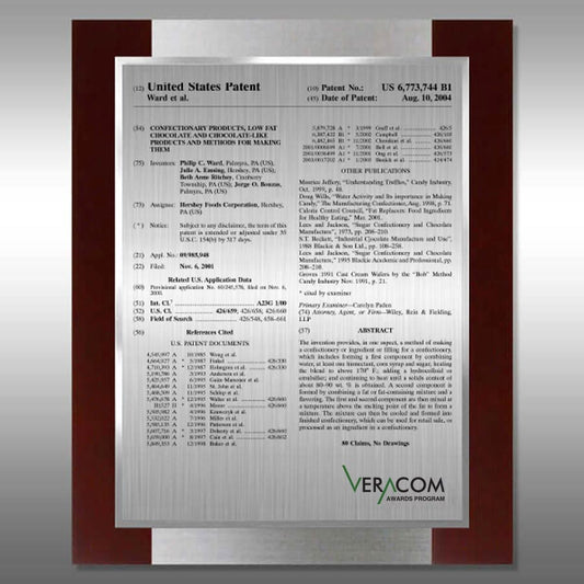 VC-EZ13P - Brushed Metal on Dark Wood Patent Plaque