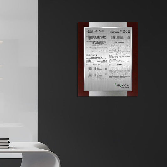 VC-EZ13P - Brushed Metal on Dark Wood Patent Plaque